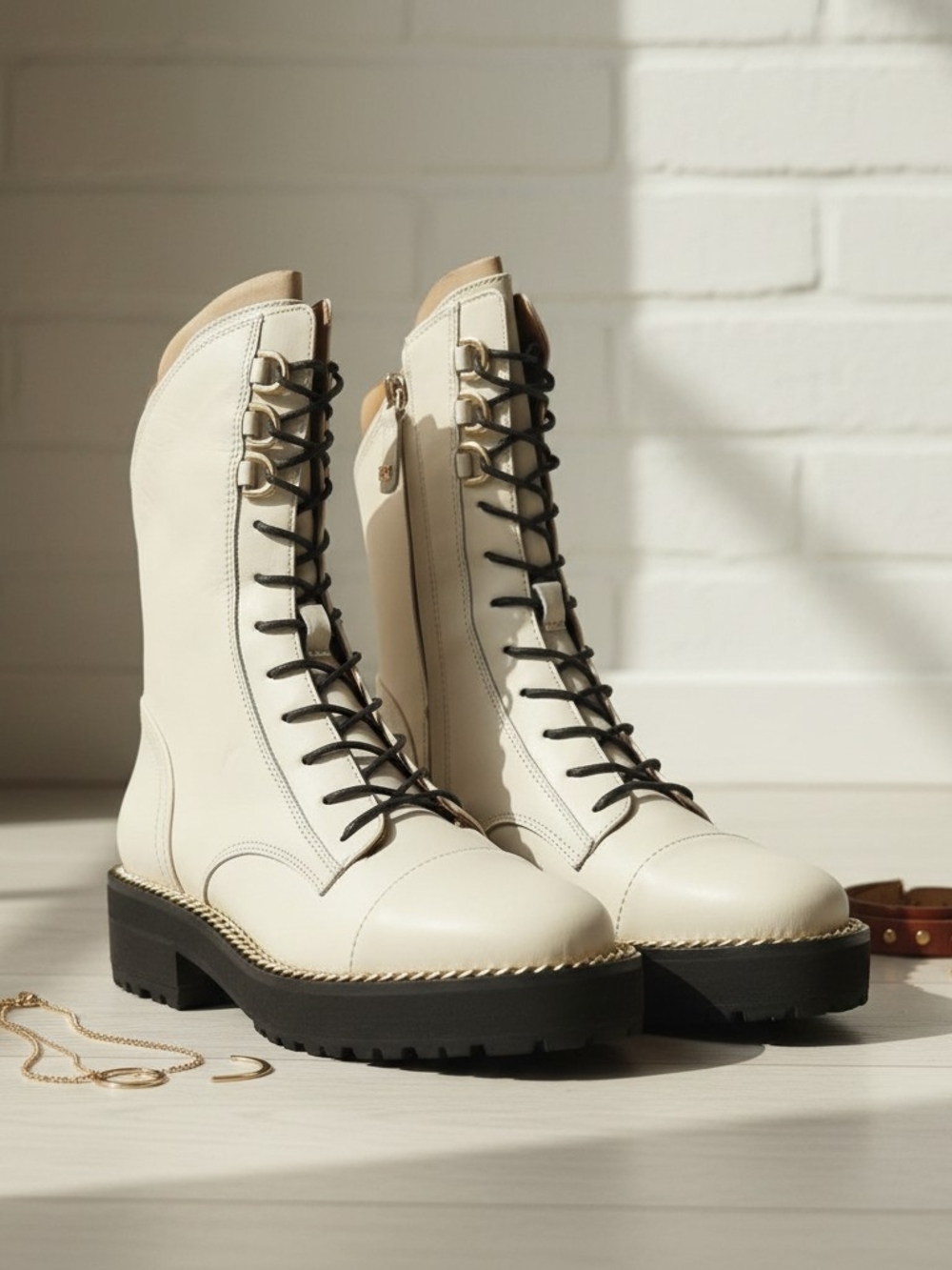 Sam Edelman Cream Lace-Up Combat Booties with Black Laces